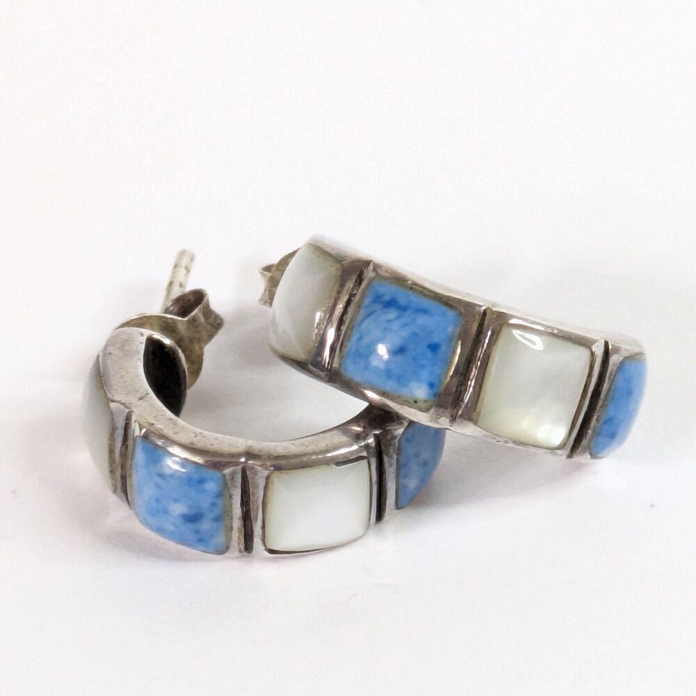 Vintage 925 Sterling Silver Turquoise Mother of Pearl Half Hoop Post Earrings